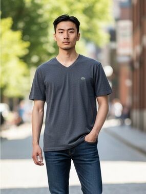 Lacoste Men's V-Neck Short Sleeve Tee in Charcoal Gray with Green Logo Sz L